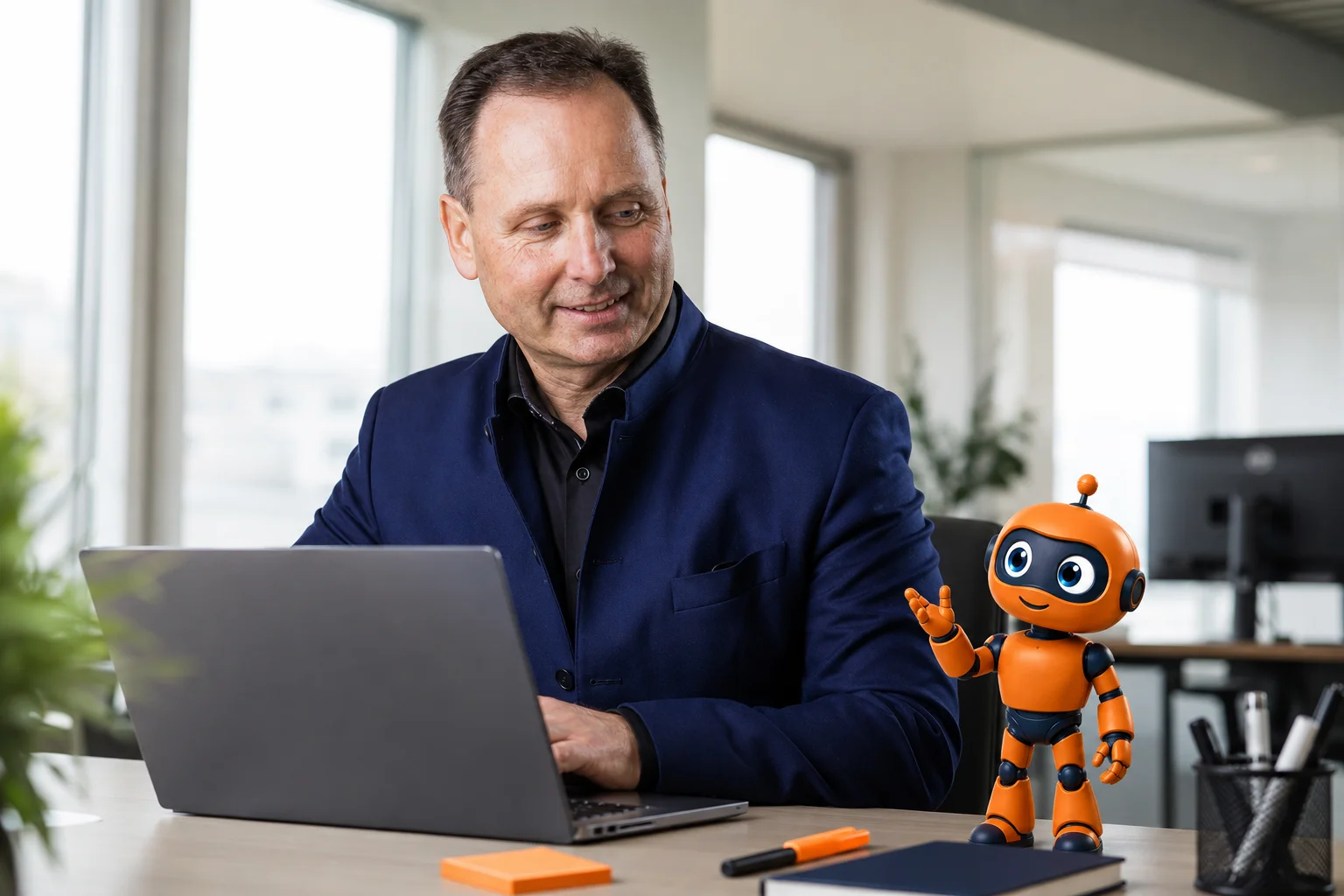 Dr. Alexander Hildenbrand am Laptop, daneben Cosmo – der Begleiter von ConnectiveX